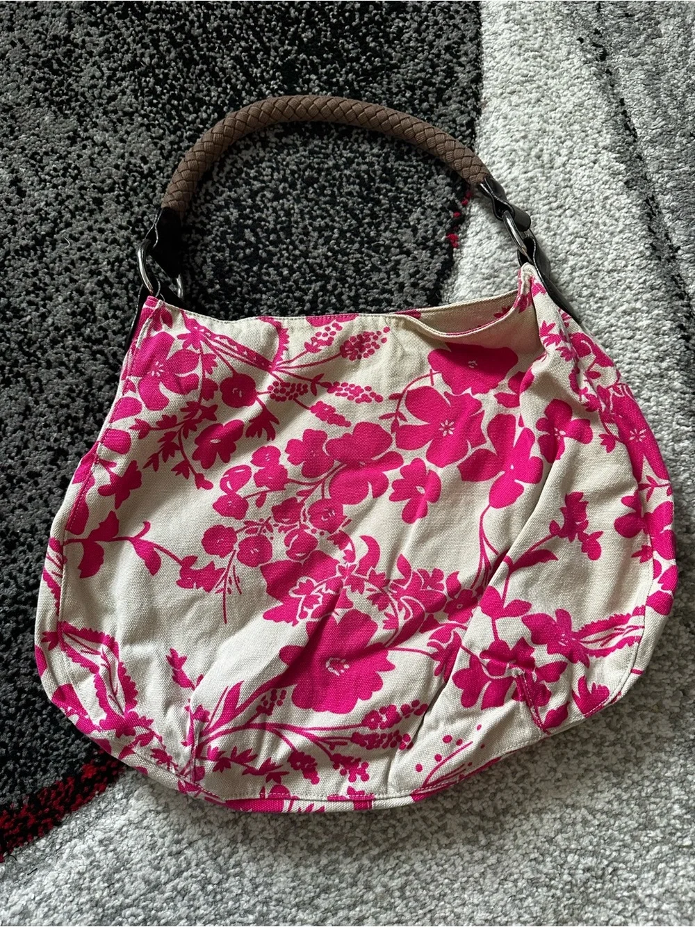 Old Navy Pink Floral Canvas Hobo Bag with Braided Handle